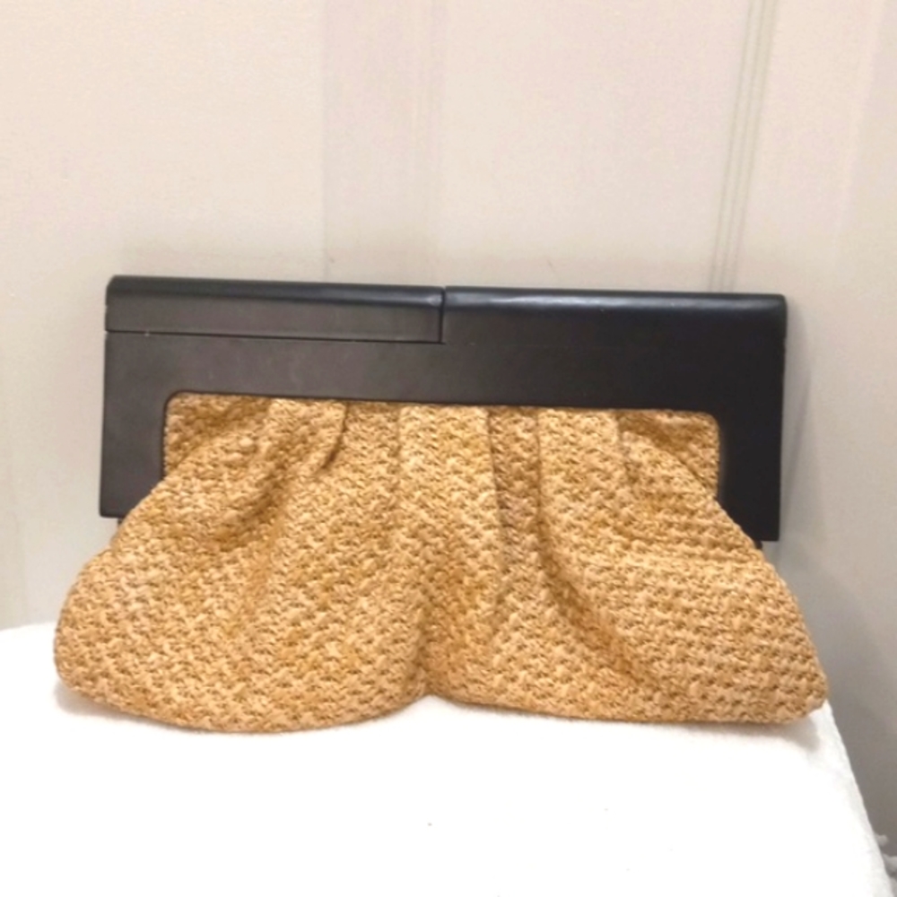Cato Black Frame Woven Tan Clutch